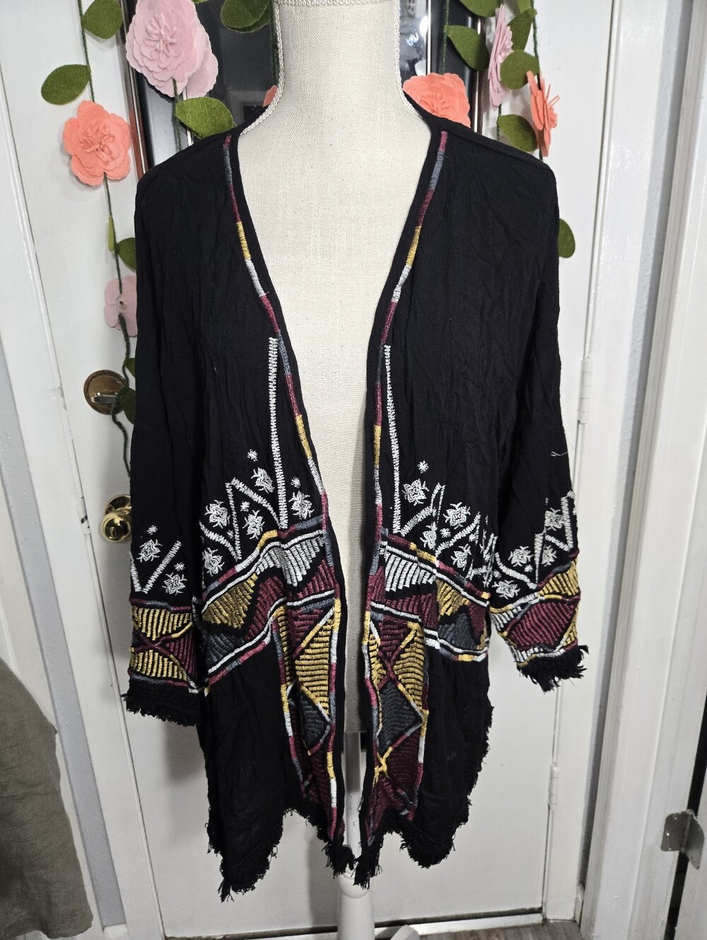 Weavers Boho Style Open Kimono Fringe Hem Detail Sz L/XL